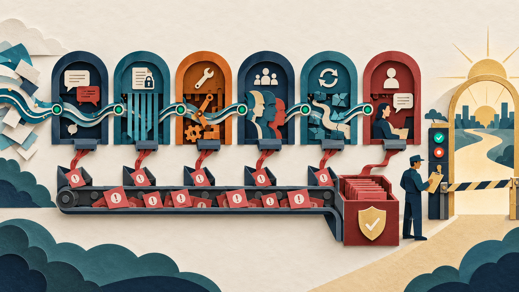 Build a Small AI Red-Team Test Set Before Your First Production Launch Paper-cut editorial illustration of a compact AI system test course containing prompt injection, data leakage, unsafe tool action, hard-negative, failure-recovery, and human-escalation checkpoints