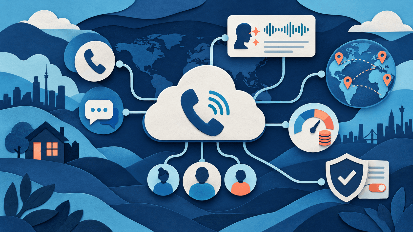 Calilio review: global calling, team workflows, AI, and controls Abstract paper-cut editorial illustration of a cloud phone console linking calls, messages, team members, AI summaries, global routes, cost monitoring, and compliance controls