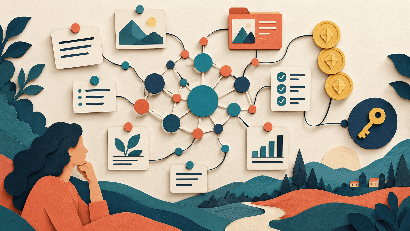 Capacities Review 2026: AI Notes, Budgets, and Fit Linked project and note cards beside a knowledge graph, permission key and budget tokens