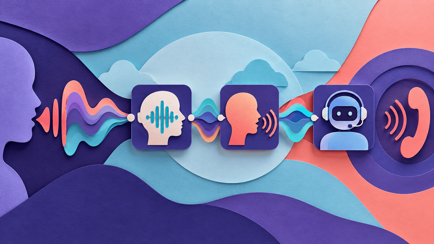 Cartesia AI Review 2026: Voice Models, Pricing, and Latency Paper-cut editorial concept showing speech waves moving through transcription, synthesis, and phone agents