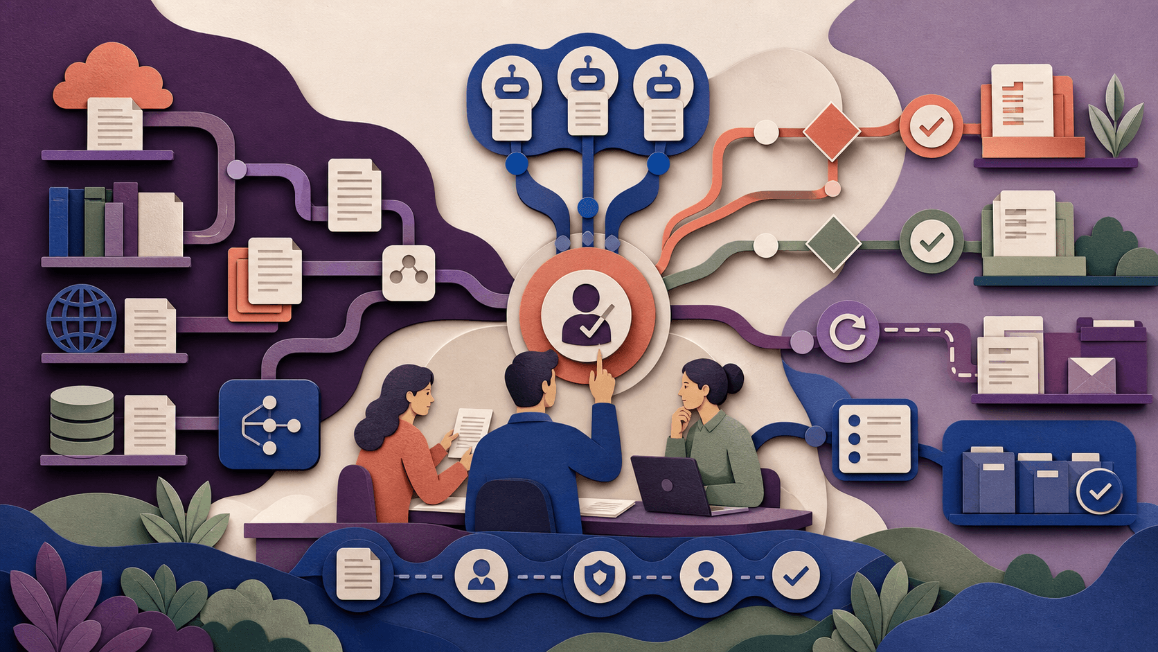 Cassidy AI workflow automation review Paper-cut illustration of an operations team supervising document workflows with approvals, retries, and audit checkpoints