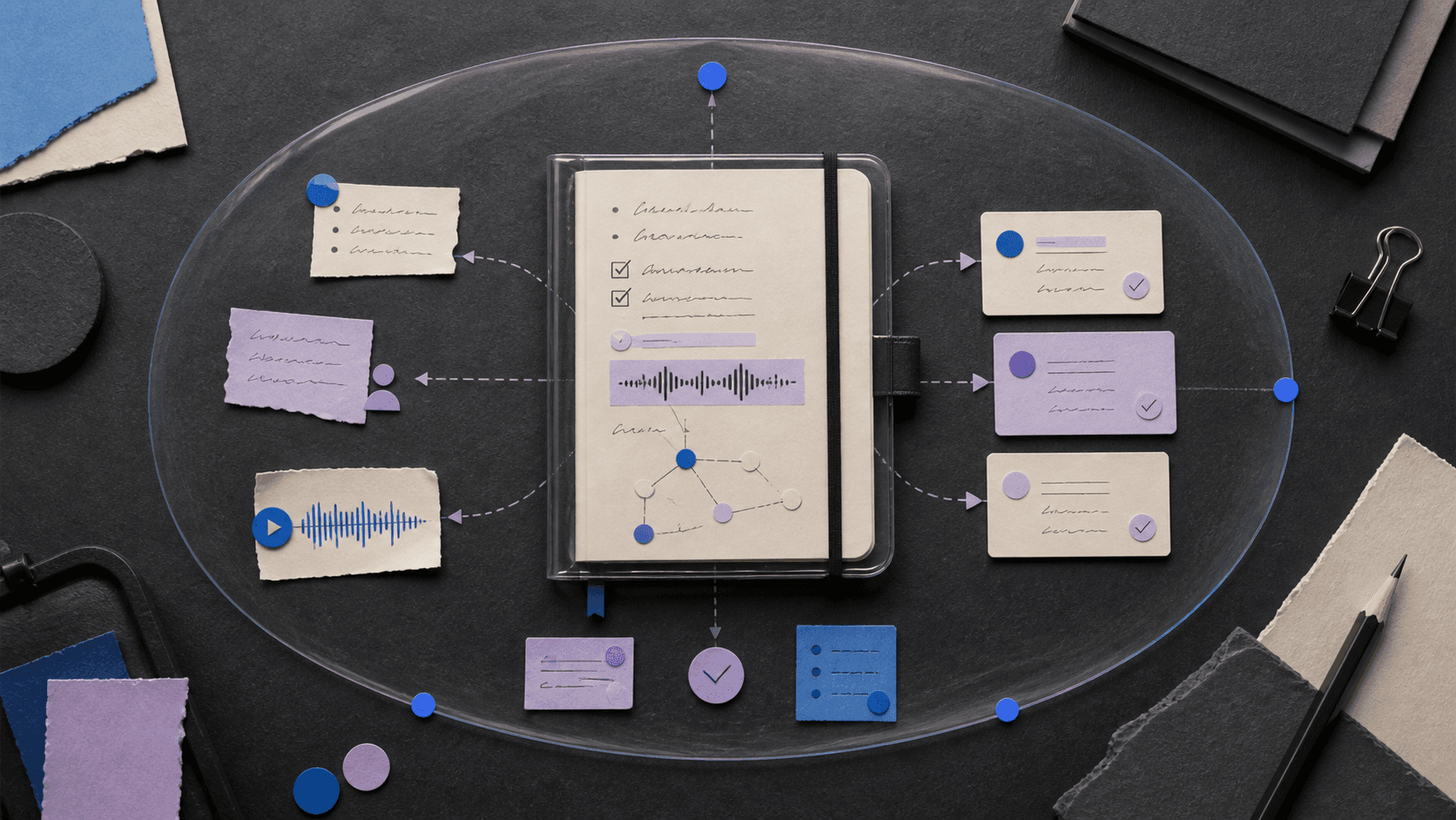 Char Review 2026: Local-First AI Notepad, Pricing, and Fit Paper-cut notebook containing meeting audio, tasks, and connected note cards inside a protected boundary