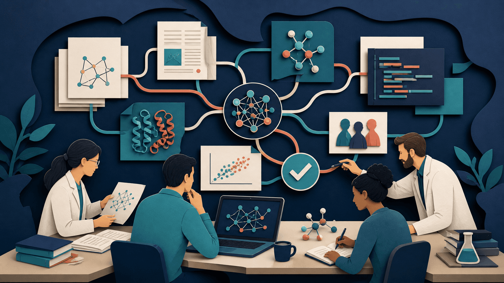 ChatGPT for Academic Researchers free access program Editorial illustration of researchers connecting literature, molecular models, code, collaboration, and validated results through an AI workspace
