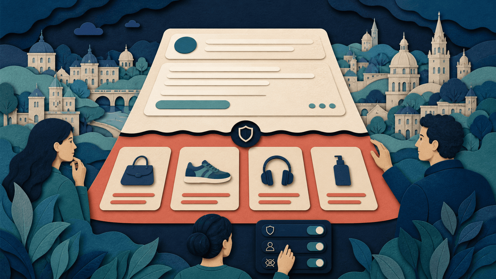 Clear boundary between AI answers and sponsored results Paper-cut European information landscape with an answer panel separated from generic sponsored product cards and privacy controls