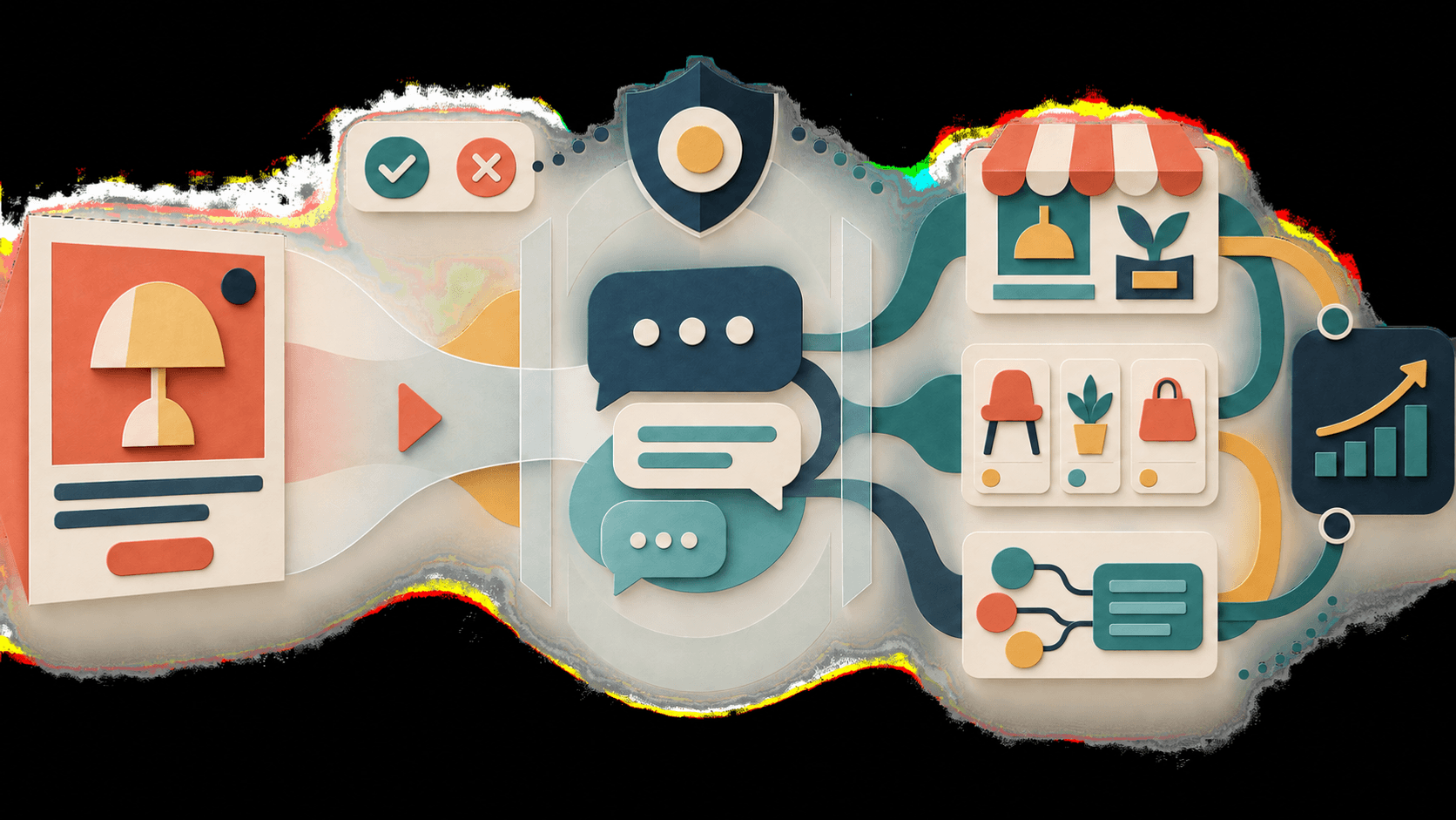 A labeled ad becomes a governed sponsored conversation Paper-cut ad tile flowing into a separate conversation system connected to product catalog, CRM, policy, and measurement controls