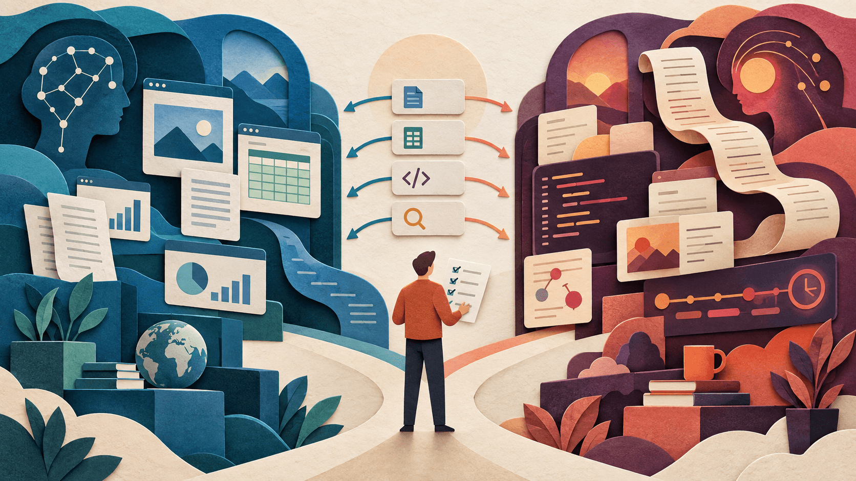 ChatGPT Astra and Claude Fable face the same evaluation tasks Paper-cut illustration comparing two AI workspaces across research, documents, spreadsheets, coding, and long-running tasks