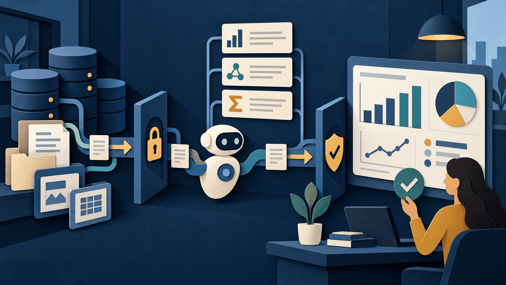 A governed data agent connecting warehouses to reviewed dashboards Paper-cut AI data agent linking secured databases, metric definitions, evidence cards, and a dashboard reviewed by a human analyst