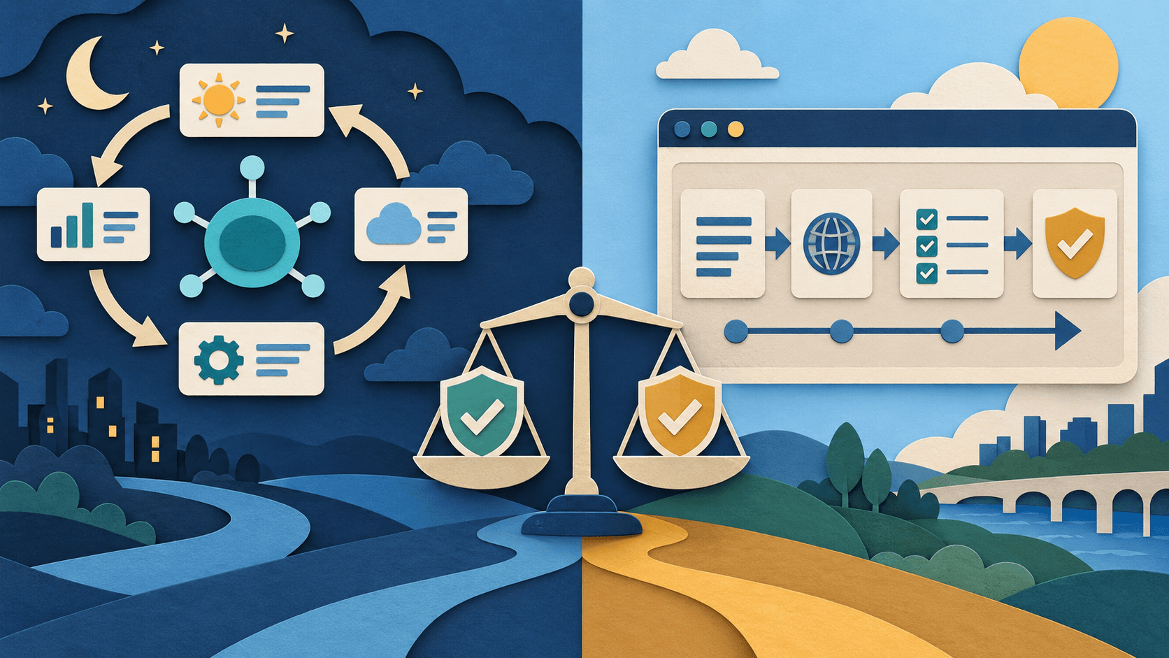 ChatGPT Dots vs. ChatGPT Agent Paper-cut editorial illustration comparing an always-on agent monitoring a recurring loop with an on-demand browser agent completing one bounded task