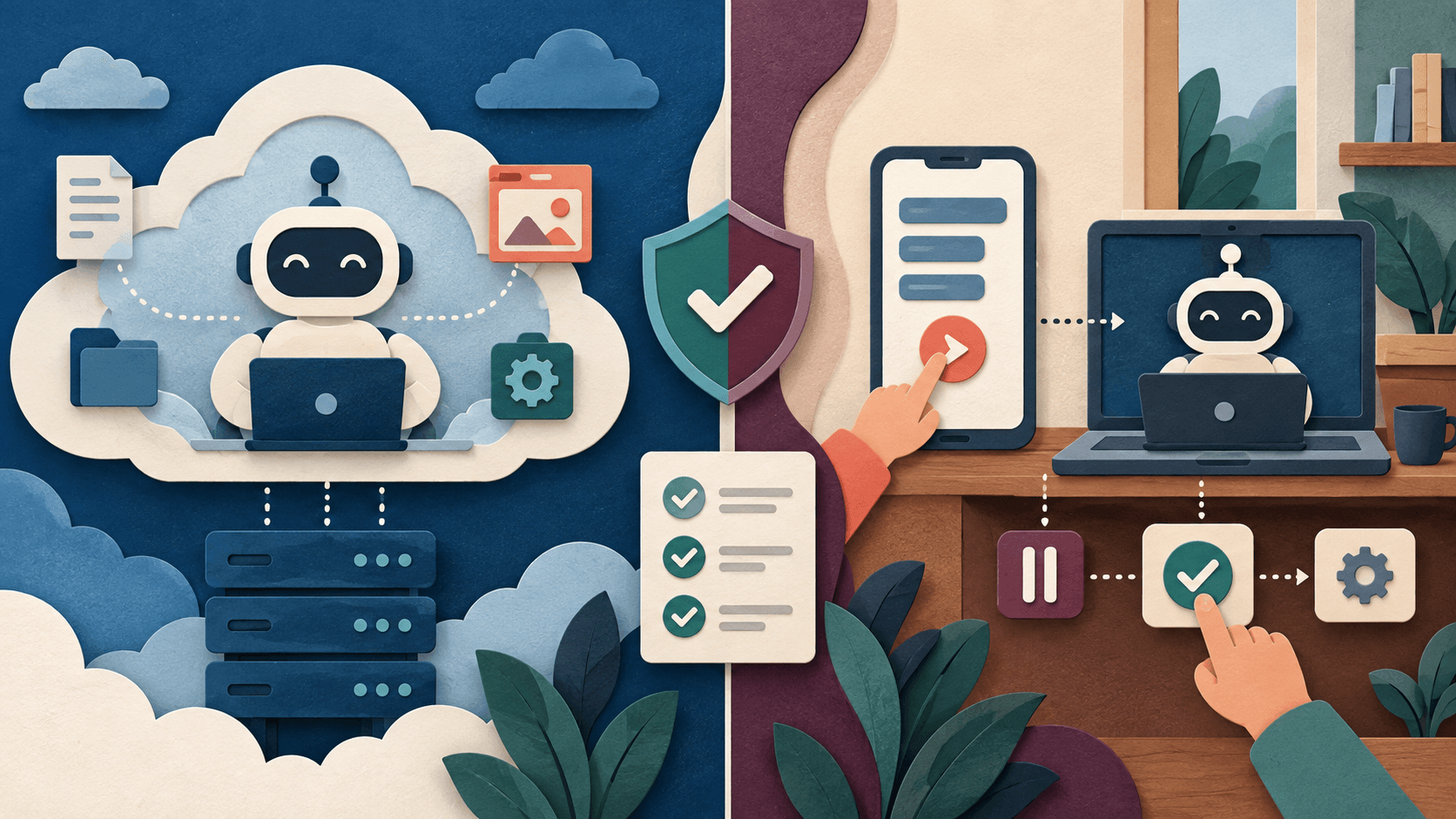 ChatGPT Dots vs. Claude Dispatch Paper-cut editorial illustration comparing an always-on cloud agent with a phone directing an agent on a local laptop through approval controls
