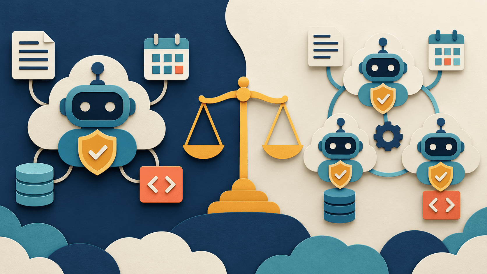 ChatGPT Dots vs. Grok Bot Paper-cut editorial illustration comparing one persistent cloud agent with three coordinated specialist agent nodes behind approval gates