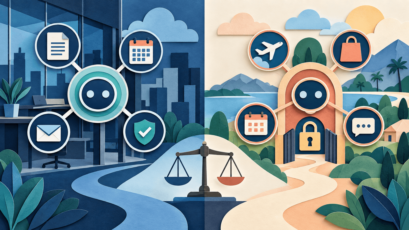 ChatGPT Dots vs. Meta Muse Paper-cut editorial illustration comparing a professional always-on cloud agent with a personal agent for travel, shopping, calendar, and messages