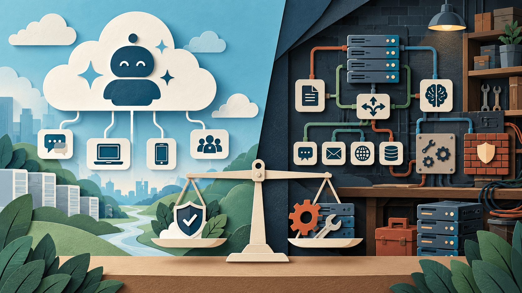 ChatGPT Dots vs. OpenClaw Paper-cut editorial illustration comparing a managed cloud agent with a configurable self-hosted gateway, servers, tools, and security wall