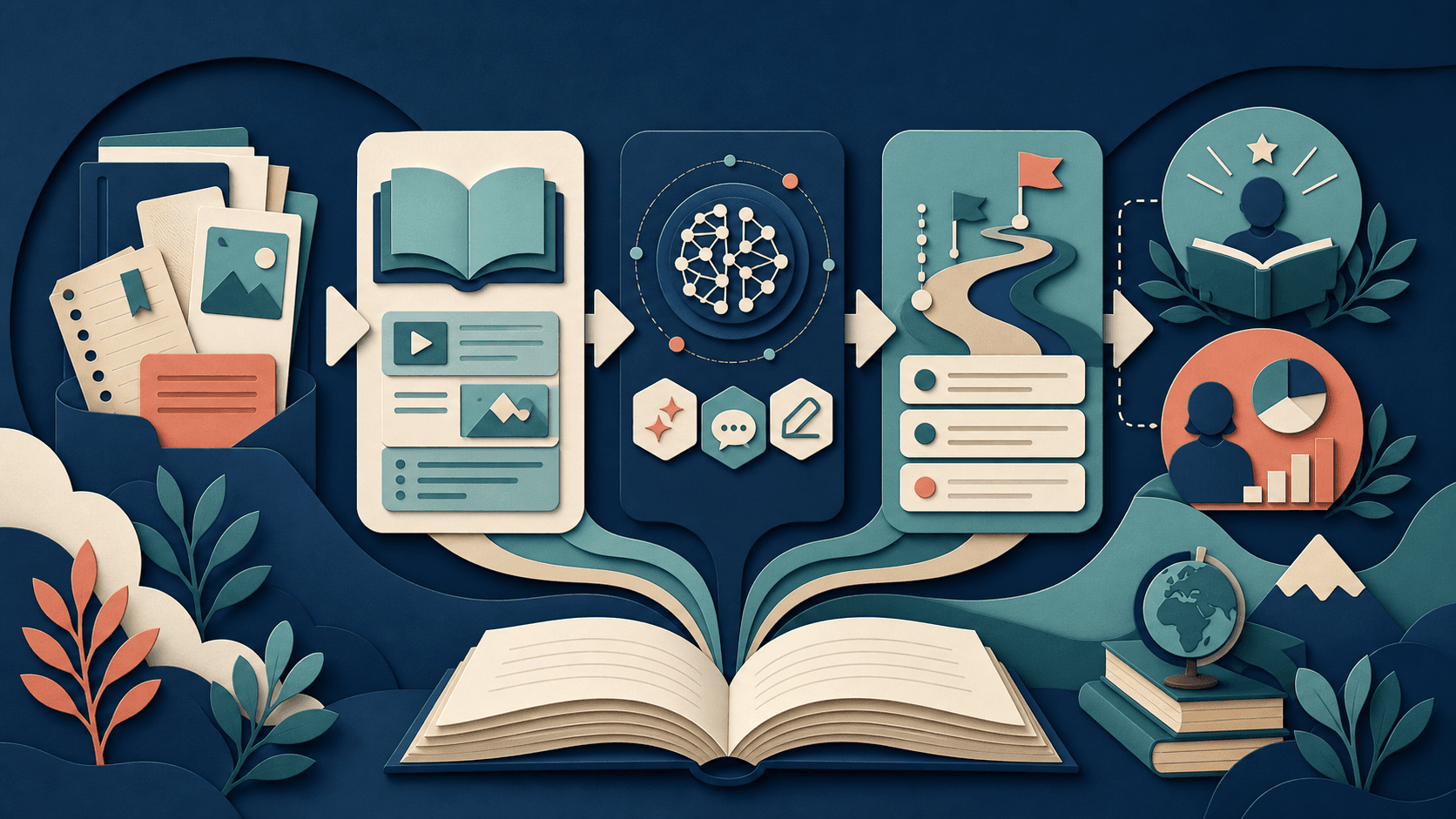 ChatGPT education plugins for teachers and students Editorial illustration of course materials moving through guided AI workflows toward teacher and student outcomes