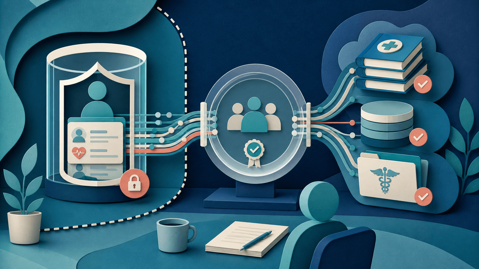 Governed healthcare data moving from protected records to verified sources Paper-cut illustration of a protected patient record flowing through a review lens toward verified medical data sources