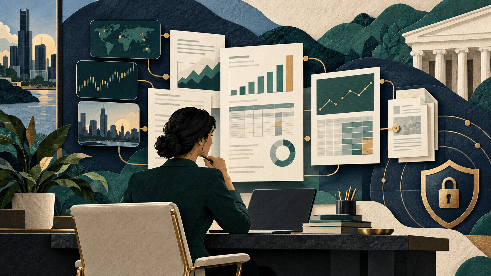 A financial analyst tracing AI-generated figures to governed source material Paper-cut financial analyst reviewing charts, source documents, citations, and a secure governance boundary