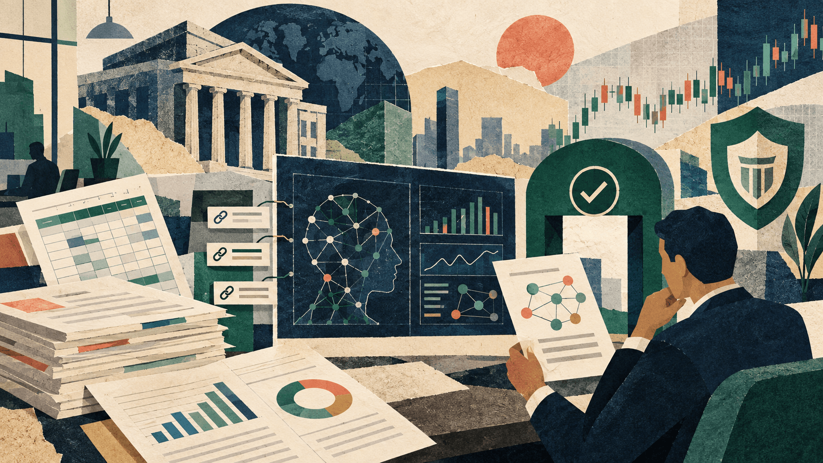 chatgpt financial services launch 2026 Paper-cut editorial illustration of financial data, citations, governance, and human approval converging inside a dedicated AI workspace