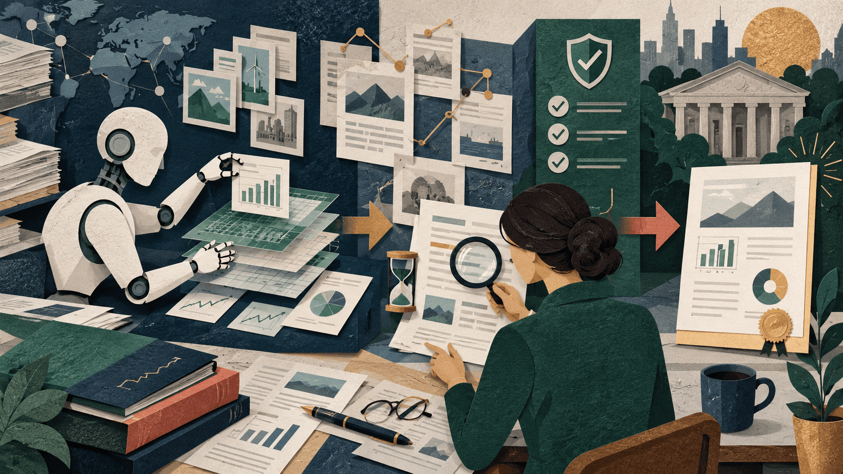 chatgpt financial services review 2026 Paper-cut editorial illustration of an AI financial model passing citation, delay, entitlement, formula, and analyst-review checks