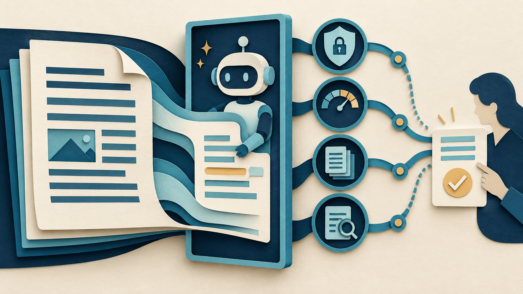 ChatGPT for Word Launches: Access, Cost, Privacy, and Admin Controls Paper-cut editorial illustration of a document moving through an AI sidebar, token meter, permission gate, version history, and human approval checkpoint