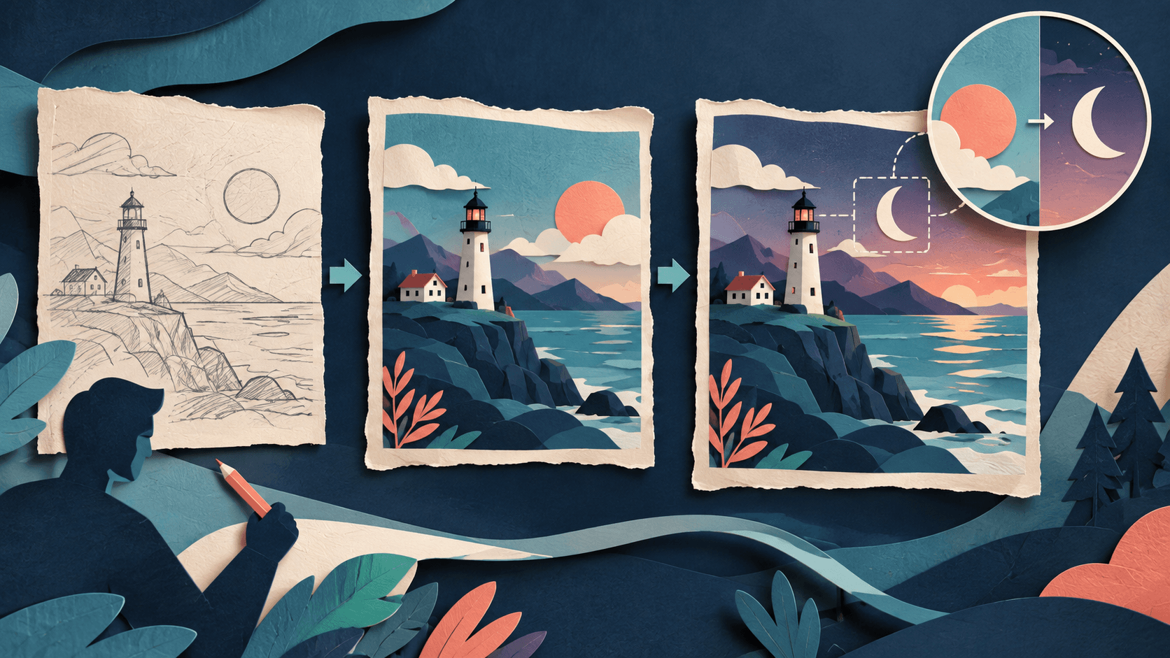 A precise image-editing workflow preserving an approved composition Paper-cut editorial illustration of one visual composition moving through sketch, generation, and precise revision frames