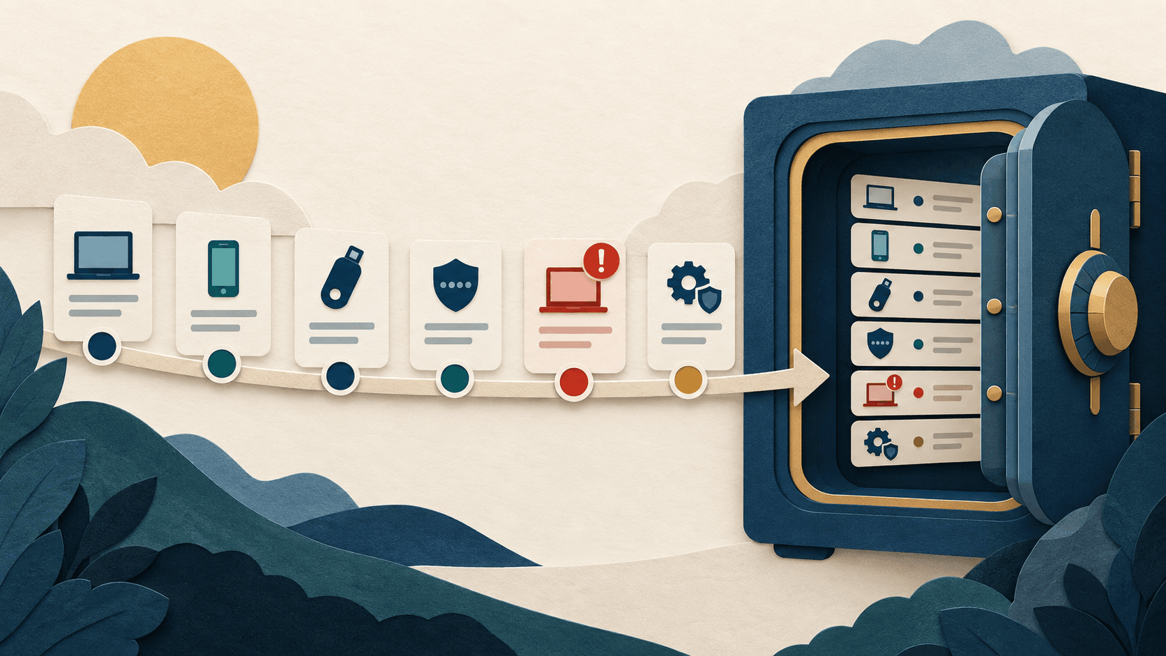 ChatGPT Security History Paper-cut editorial illustration of a security event timeline leading to an account vault with one unfamiliar device flagged for review