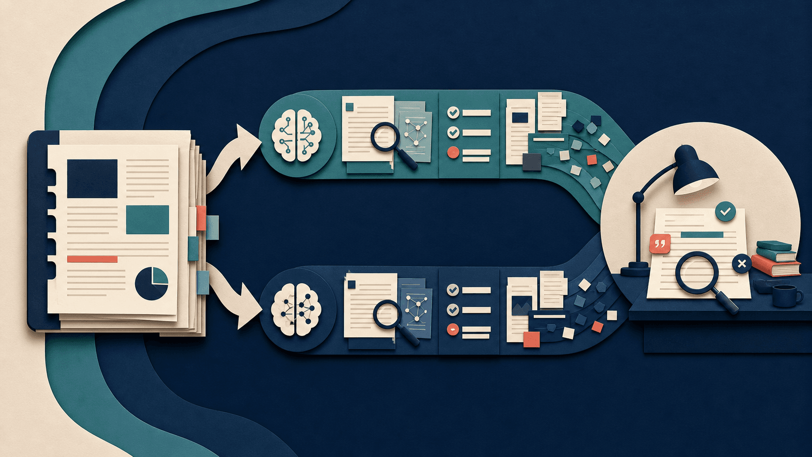 ChatGPT versus Claude long-document analysis test Editorial illustration of a large source dossier splitting into two AI analysis paths and rejoining at a human citation-verification desk
