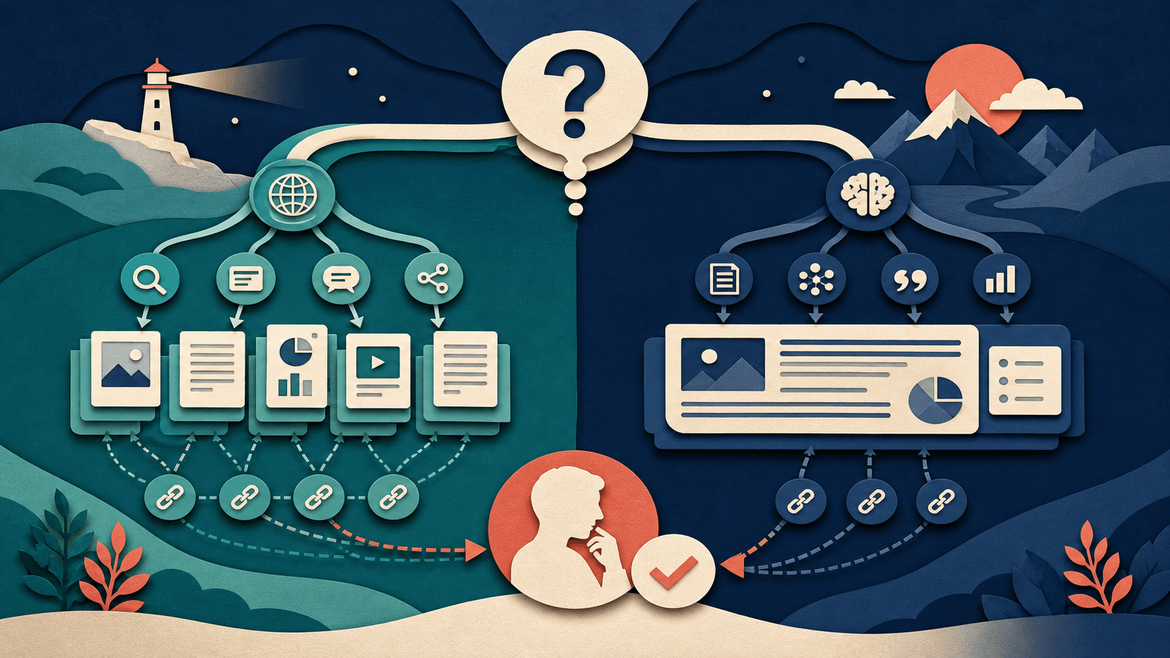 ChatGPT versus Perplexity research workflow comparison Editorial illustration of two AI research routes connecting a question to web sources, primary documents, citations, synthesis, and human verification