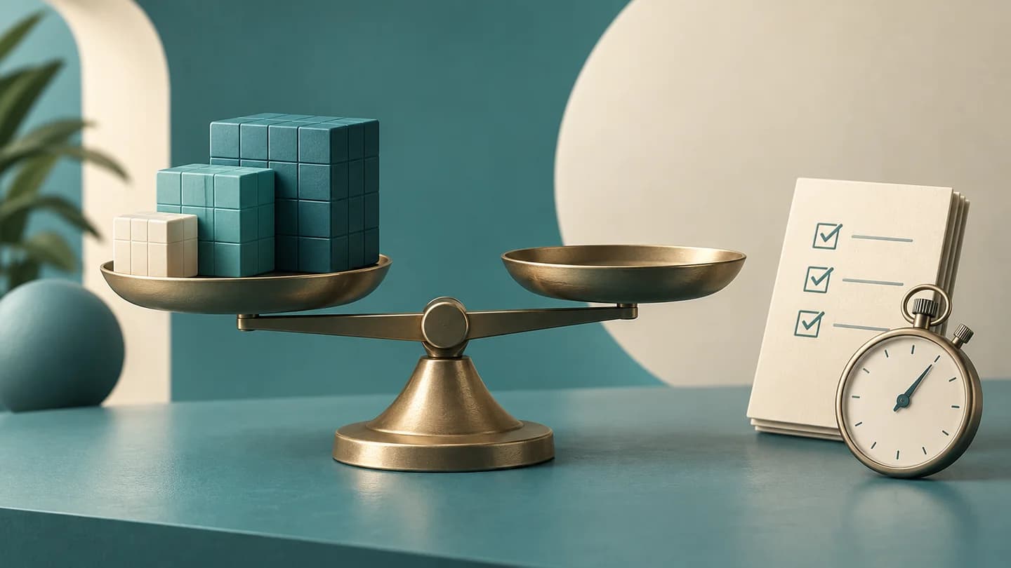 Computational blocks on a balance scale beside concise notes and a stopwatch