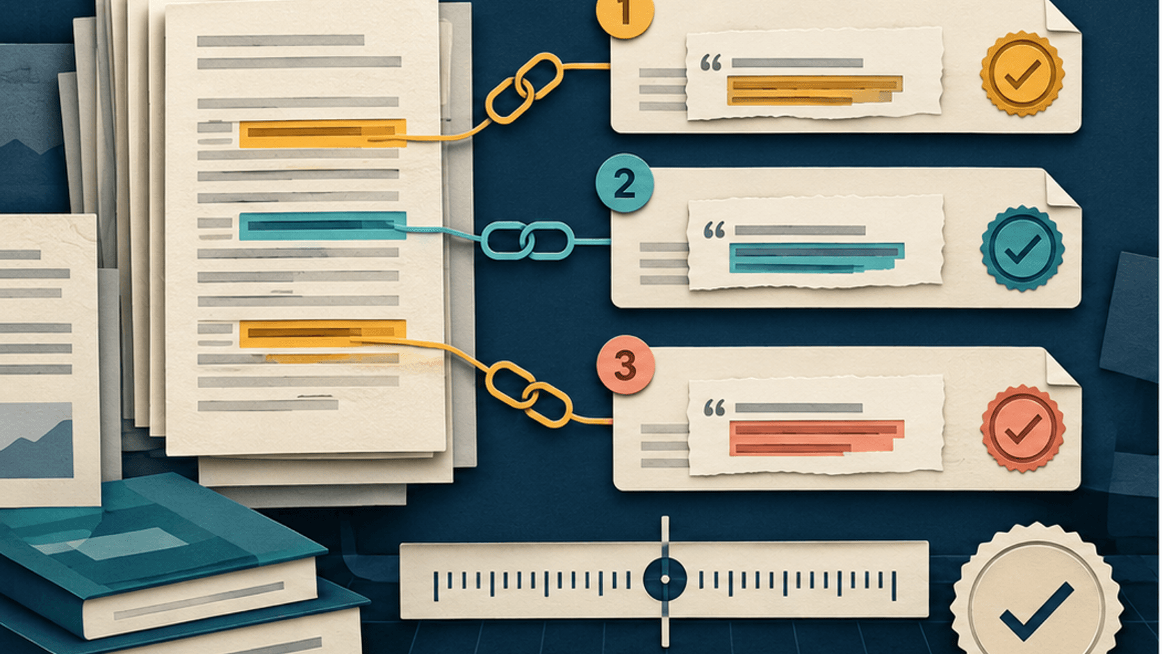 Paper-cut source documents linked to exact highlighted evidence spans and verified claim cards on a calibrated citation benchmark