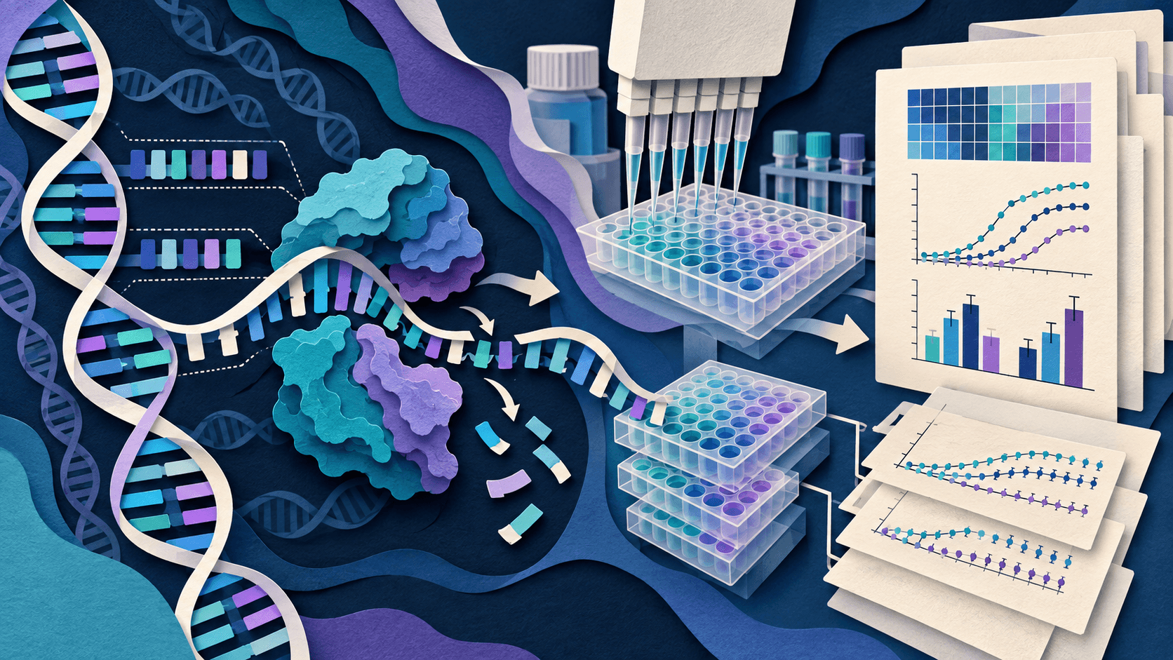 claude enzyme discovery lab validation 2026 Paper-cut editorial illustration of DNA sequence patterns moving from an AI hypothesis through controlled laboratory experiments to a reproducible evidence record