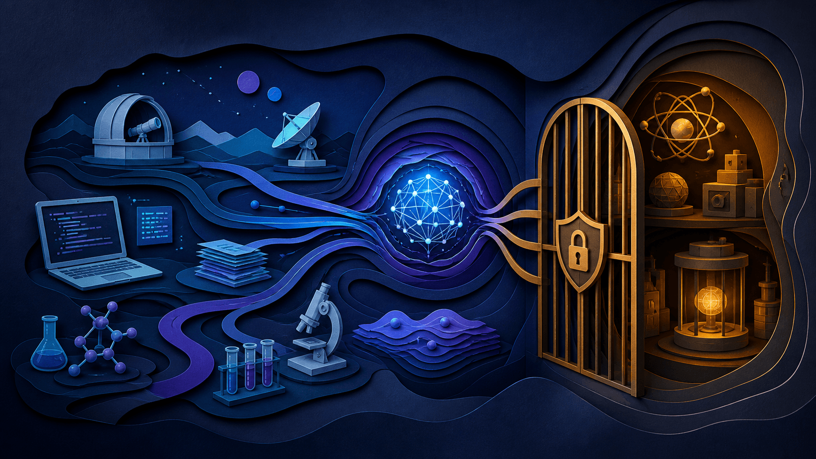 Frontier model capability separated from restricted research access Paper-cut illustration of a luminous AI core branching into coding and science paths beside a guarded research chamber