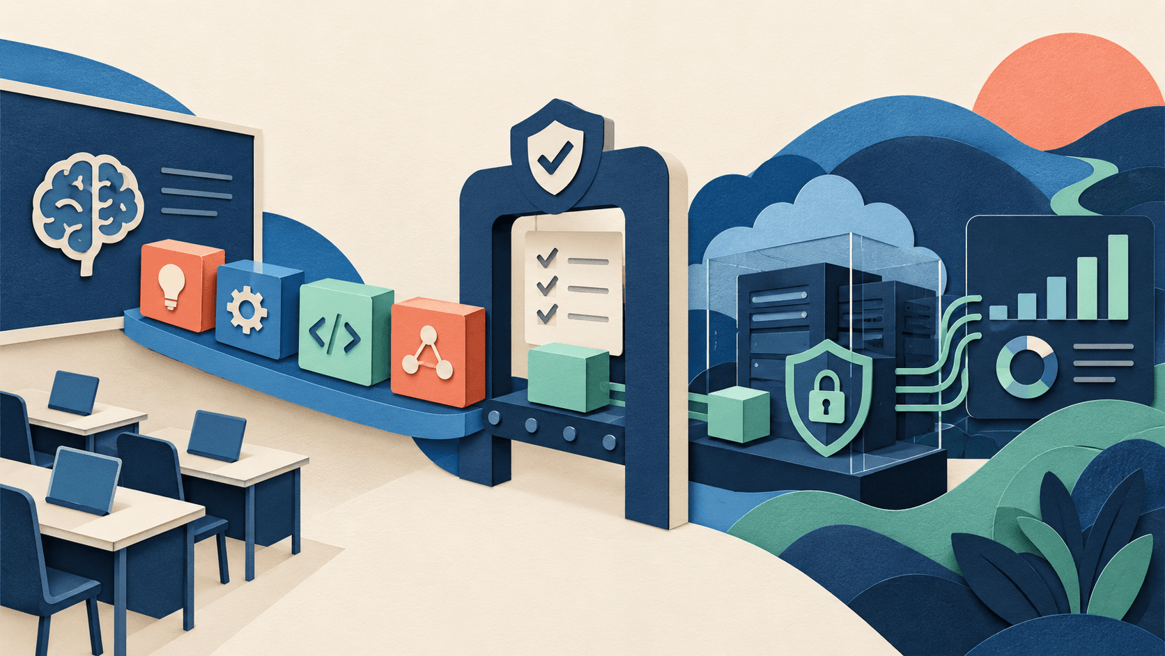 Enterprise AI training moving from practice to governed production Layered training modules passing through an assessment gate into a protected production system and outcome measures