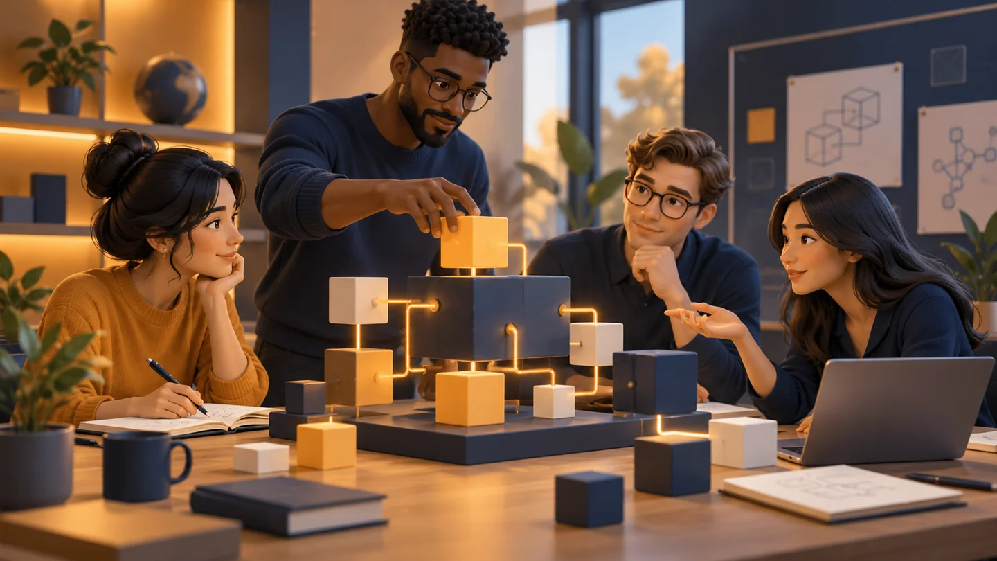 Engineers collaborating around a modular software model in a learning studio