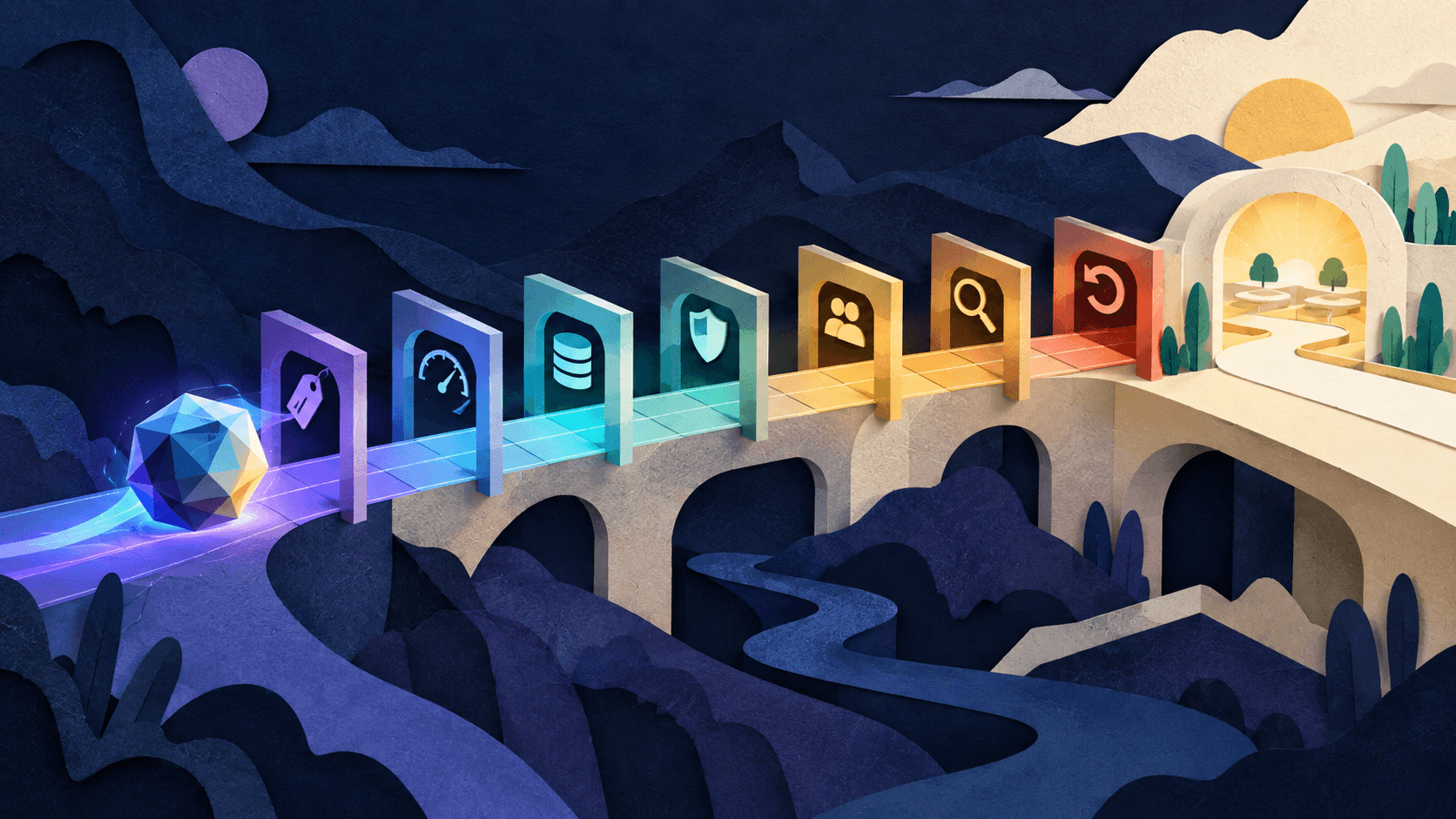 Claude Opus 5.5 Cuts Agent Costs—But Buyers Still Need Their Own Evals Paper-cut editorial illustration of a frontier model moving through cost, speed, cache, safety, permission, evaluation, and rollback gates before entering a production agent