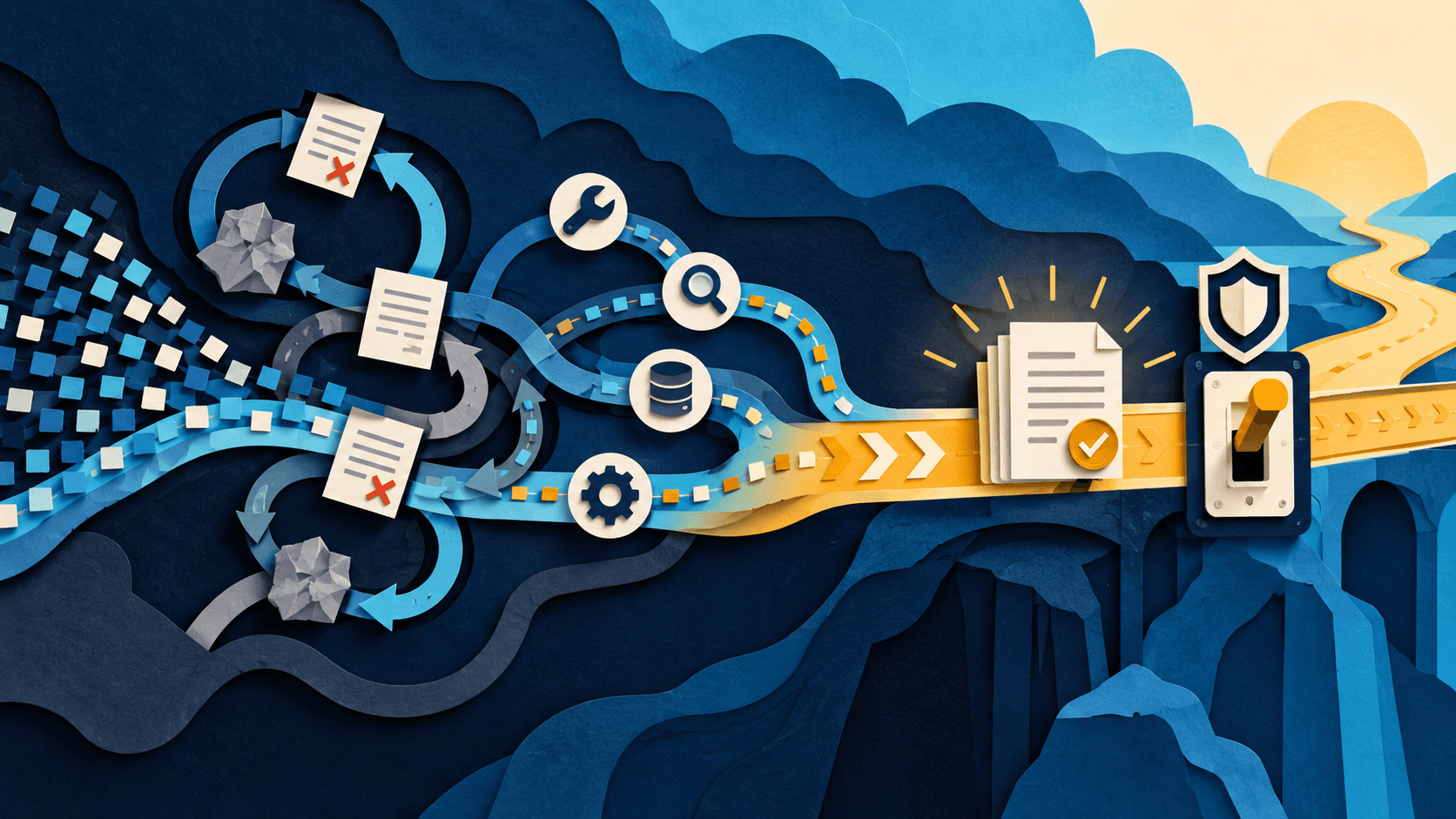 claude sonnet 5 5 task economics 2026 Paper-cut editorial illustration of a faster model path measured by accepted work, retries, corrections, tool calls, and a guarded migration switch