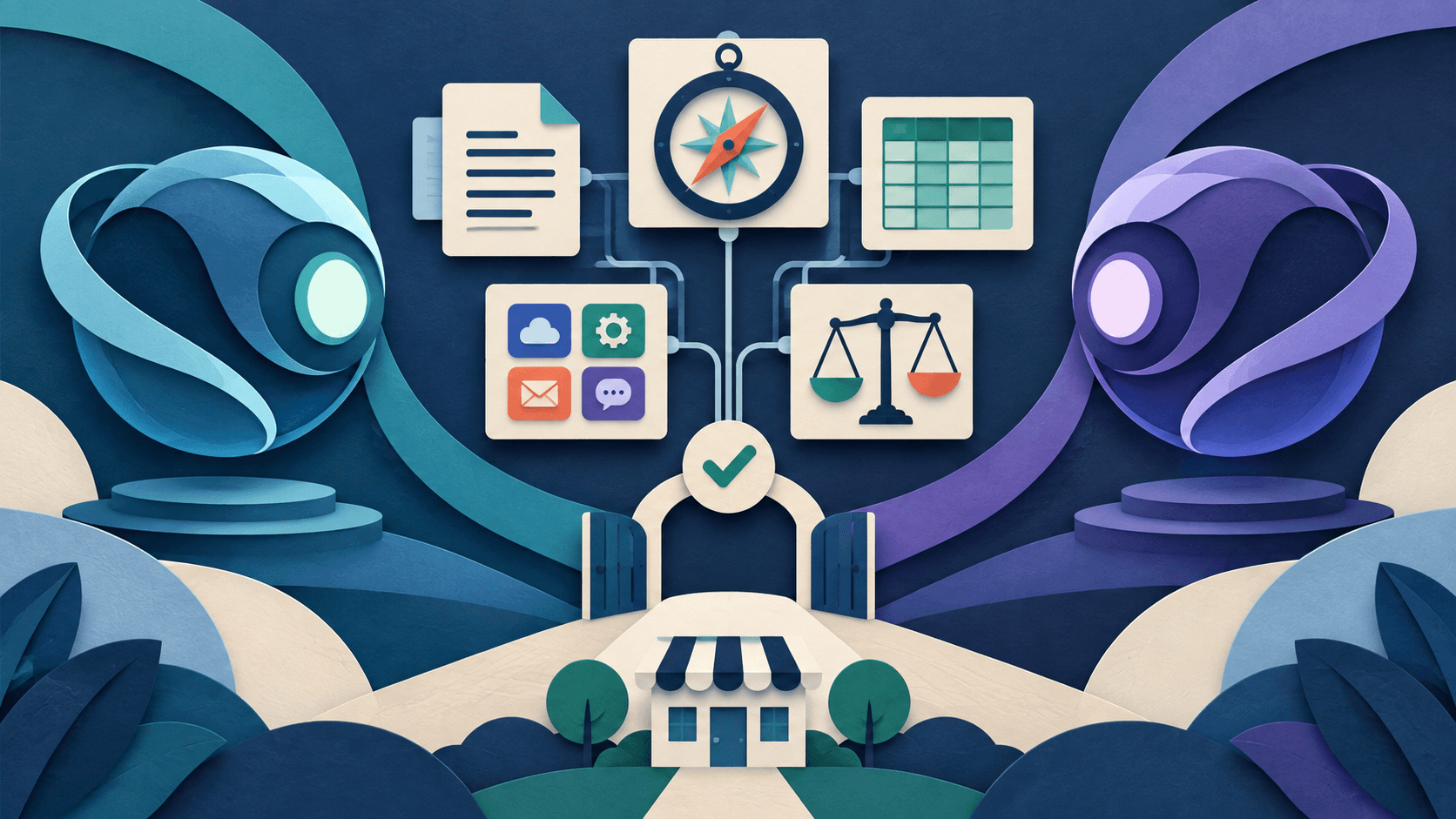 Two AI assistants face a small-business task board Abstract paper-cut comparison of two AI assistants evaluated against documents, research, spreadsheets, connected apps, cost, and human review