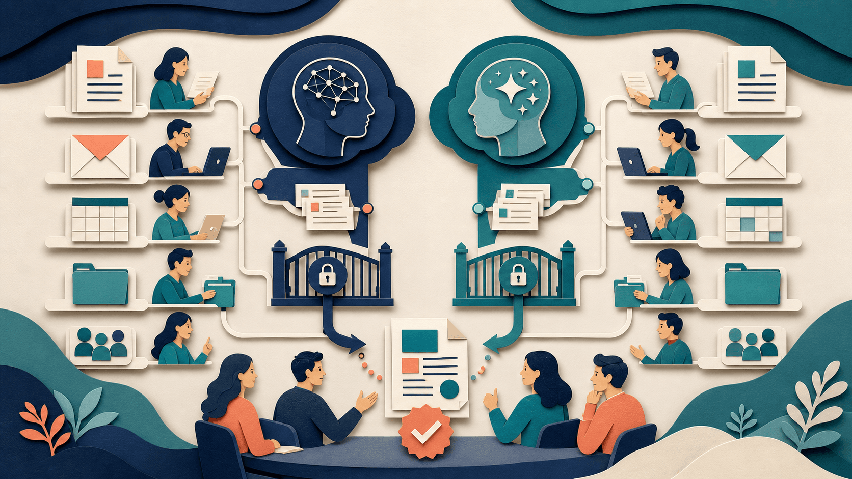Claude versus Gemini for Google Workspace teams Editorial illustration of documents, email, spreadsheets, shared storage, and permission gates moving through two AI assistant workflows