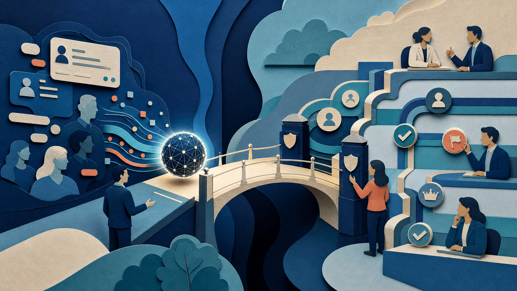 Governed AI bridge into enterprise CRM workflows Paper-cut business scene with an AI reasoning orb crossing a guarded bridge into CRM workflow channels reviewed by people