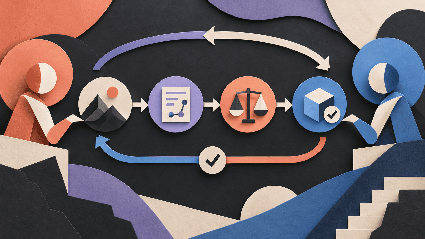 Two independent model roles move a software plan through review and proof Paper-cut cross-model workflow connecting reconnaissance, planning, adversarial review, verified building, and an independent final inspector