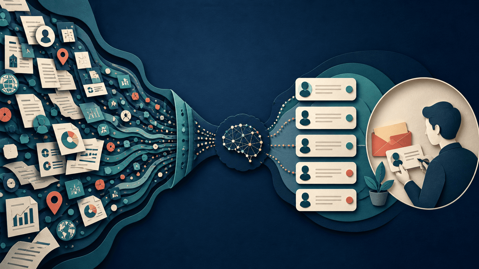 Clay AI go-to-market and data enrichment review Paper-cut editorial illustration of many company data sources flowing through AI research into a small human-approved prospect shortlist