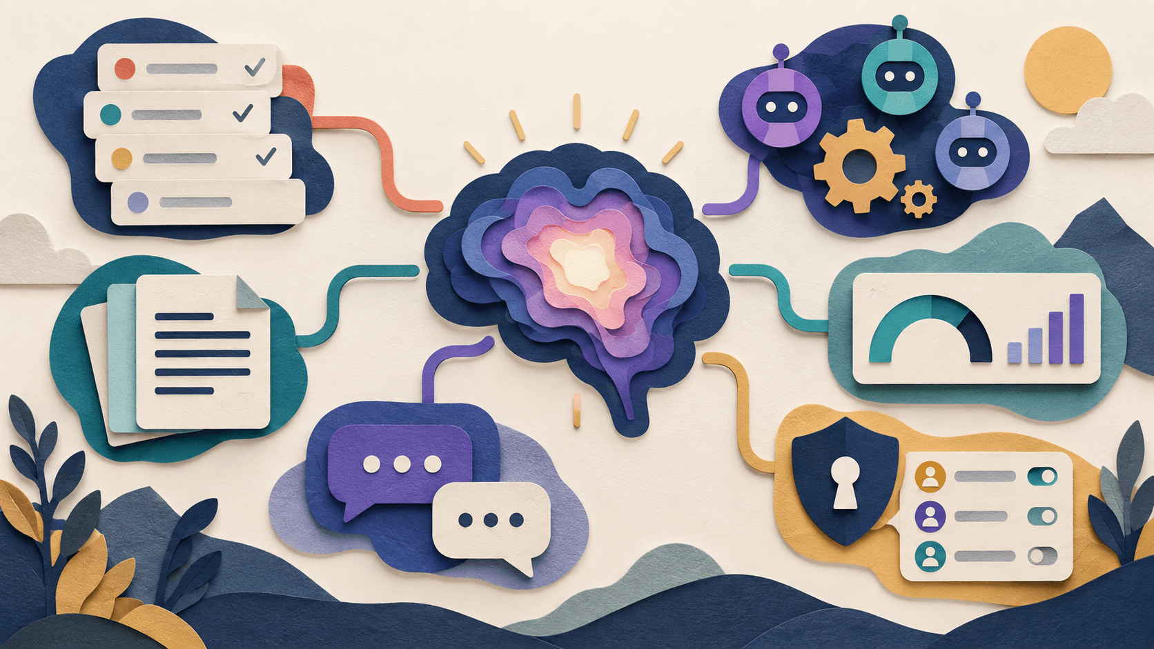 ClickUp Brain review Paper-cut editorial illustration of a central AI work hub connected to tasks, documents, chat, agents, permissions, and usage measurement