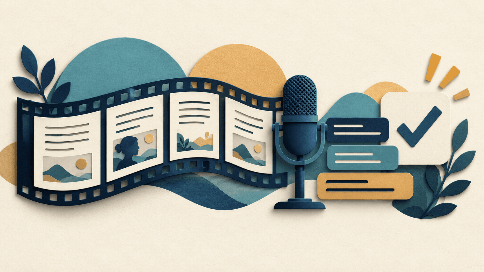 A film strip assembled from script cards, a microphone and captions beside an approval mark