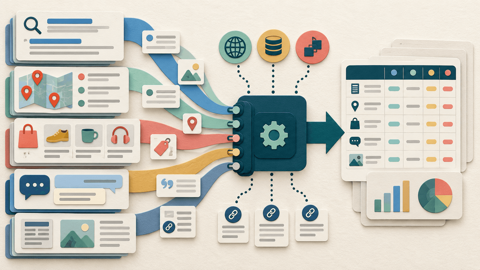 Cloro review Paper-cut editorial illustration of multiple AI answer and search streams passing through one API gateway into structured data