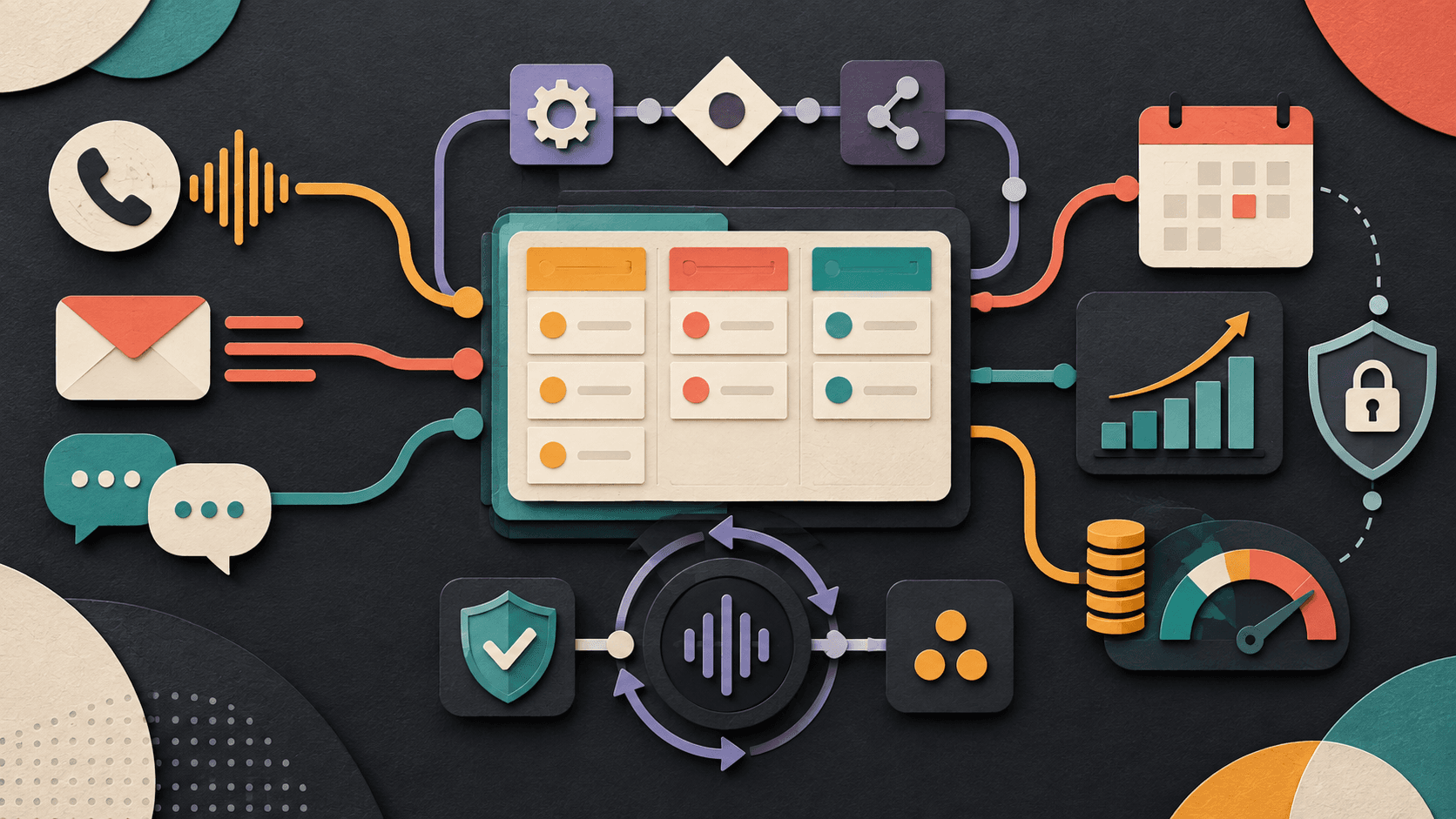 Close CRM review: conversations, automation, Chloe, and controls Abstract paper-cut editorial illustration of a sales pipeline connecting phone, email, SMS, workflow, qualification, calendar, cost, and compliance controls