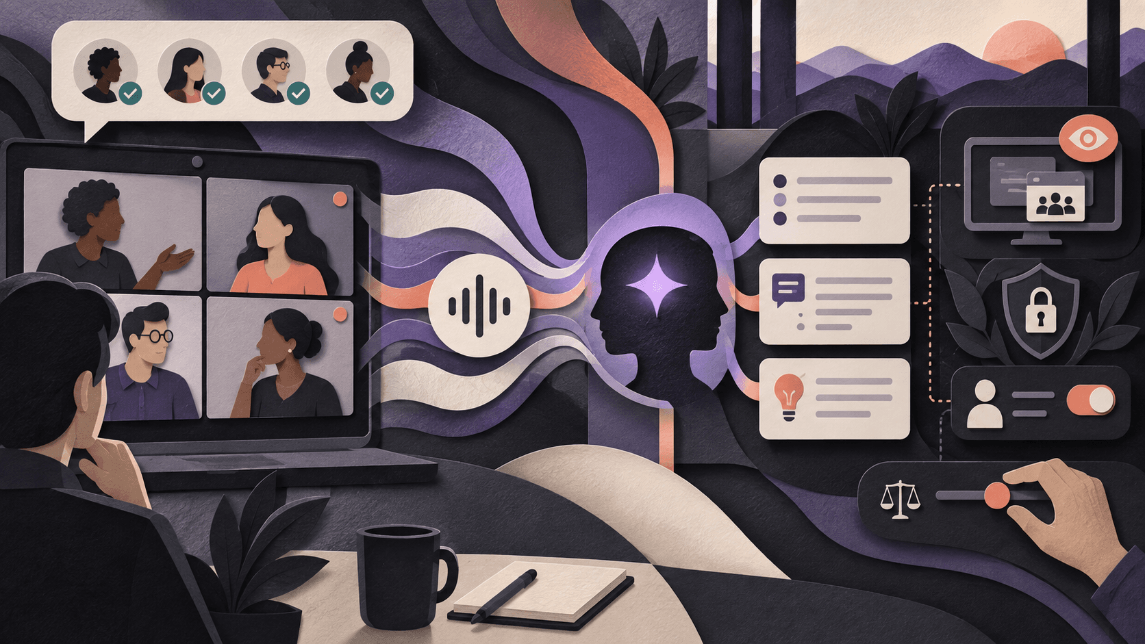 Cluely Review 2026 Paper-cut editorial illustration of a live meeting assistant producing suggestions and notes inside visible participant consent, disclosure, privacy, and human-judgment boundaries