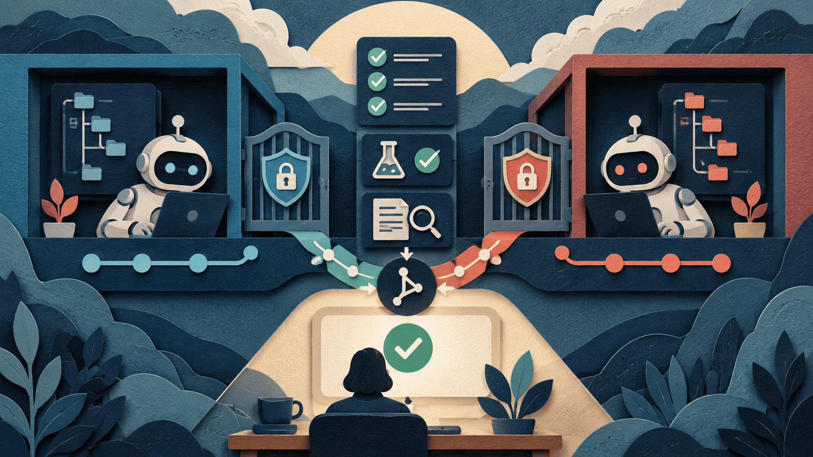 Codex vs. Claude Code: Which Coding Agent Should Teams Pilot? Paper-cut editorial illustration of two terminal agents working in isolated branches with permissions logs tests and approval