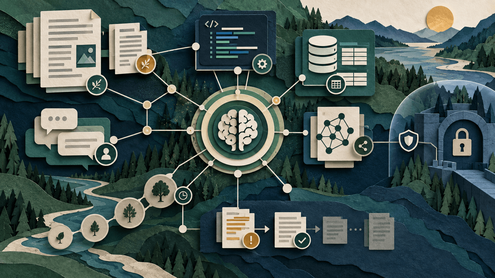 Cognee Review 2026: AI Memory, Knowledge Graphs, and Pricing Paper-cut knowledge graph joining documents code tables and conversations with provenance and correction markers