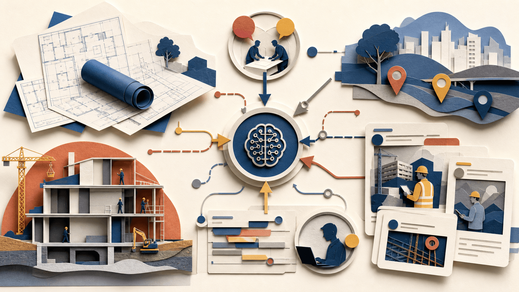 Cogram Review 2026: AEC AI, Pricing, Security, and Fit Paper-cut illustration of architecture plans, field reports, meetings, and construction workflows converging on a controlled project hub