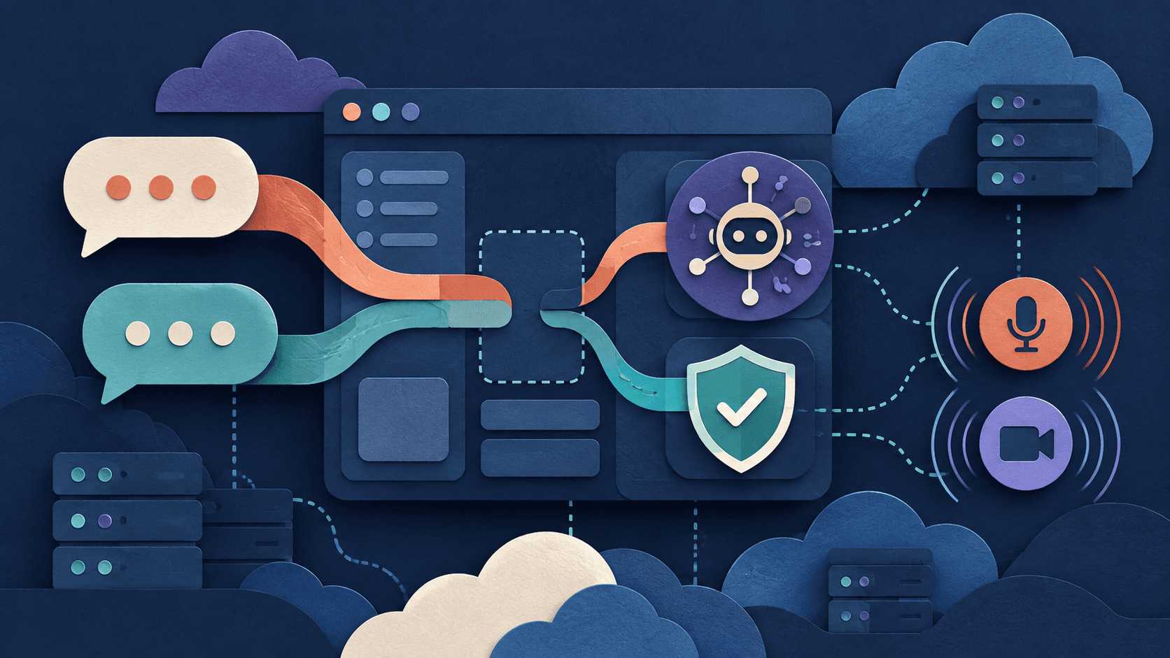 CometChat review: in-app chat and AI agent infrastructure Paper-cut editorial illustration of chat bubbles flowing through an AI agent node and moderation shield inside an application