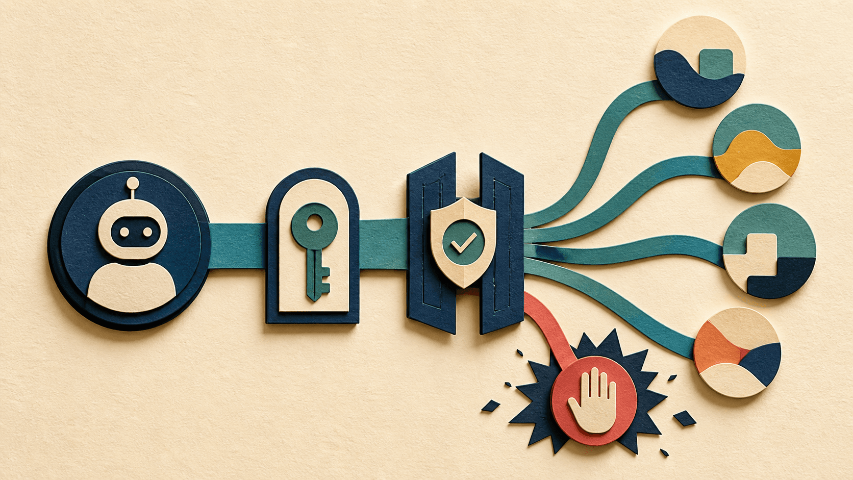 Composio Review 2026: Agent Integrations, Pricing, Security, and Fit Paper-cut illustration of an agent passing through identity and permission gates