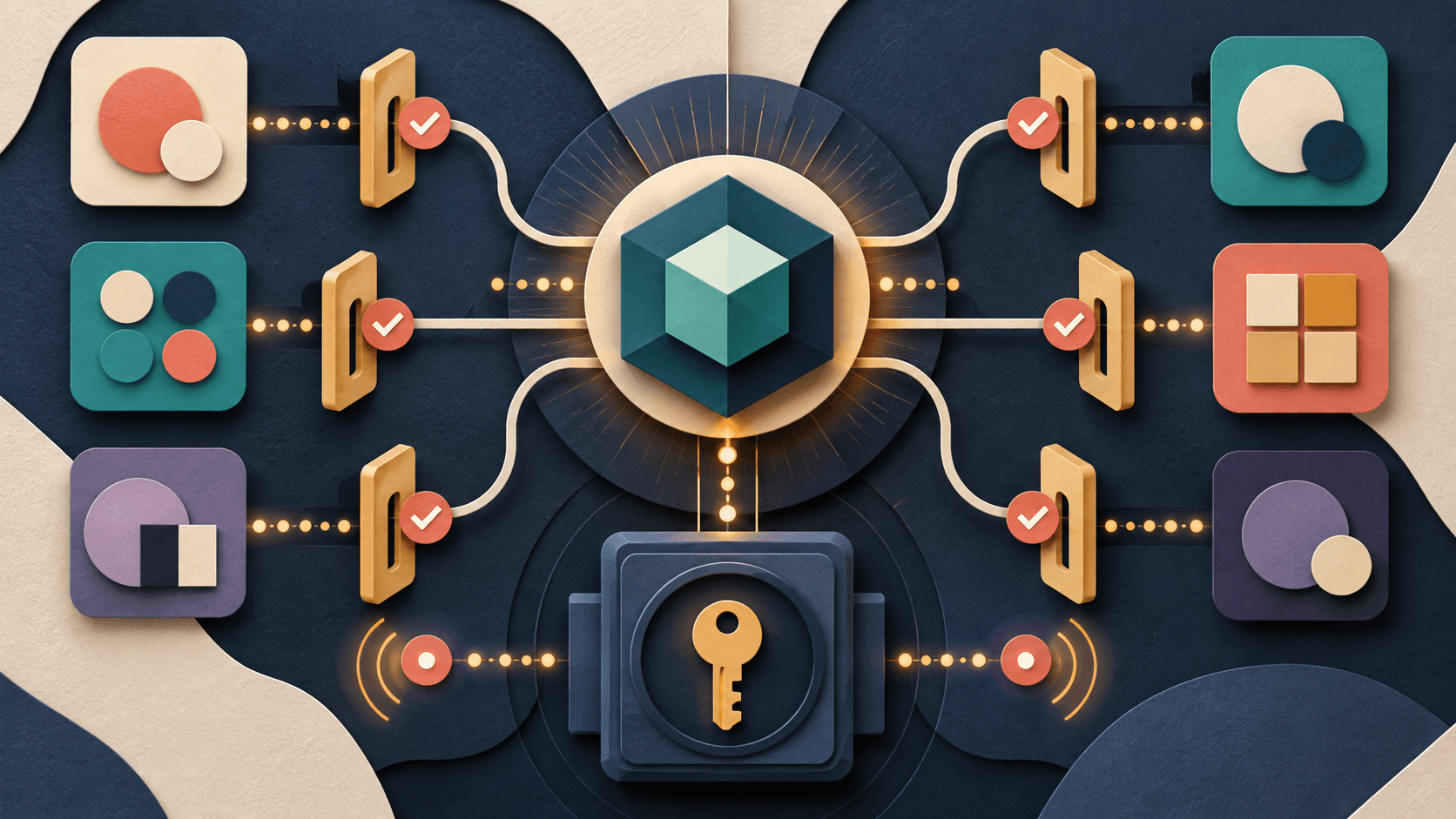 Composio Review 2026: Agent Tools, OAuth, Pricing, and Security Paper-cut editorial concept showing an agent reaching connected apps through scoped authentication and approval gates